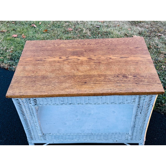 Farmhouse Vintage 1950s Oak Wood & White Wicker Rectangular Table For Sale - Image 3 of 9