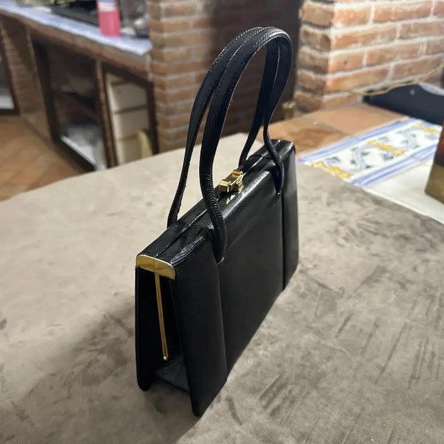 1950s High Quality Black Leather and Brass Hardware Italian Evening Bag For Sale - Image 17 of 18