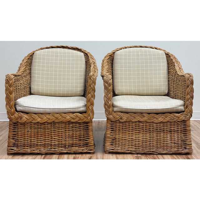 Vintage Braided Wicker Club Chair Pair With Ottoman For Sale - Image 4 of 16