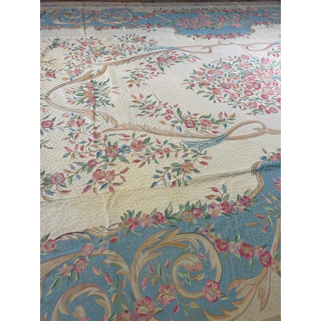 1920s Antique Ivory Floral Medallion India Agra Textile Chain Stitch Gallery Rug For Sale In New York - Image 6 of 15