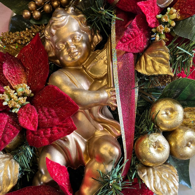 Hollywood Regency Large Red and Gold Angel Cherub Swag Wreath For Sale - Image 3 of 7