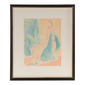 Victor Di Gesu Nude Woman Sitting Original Watercolor Graphite Framed 17"x14"