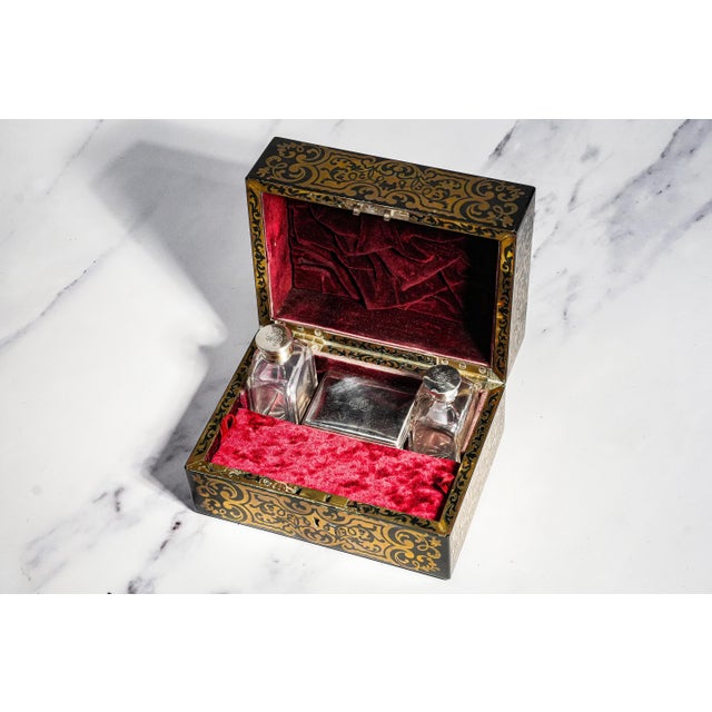Wood Stately Victorian Antique Ebonized Wood & Brass Boulle Inlaid Lady’s Dressing Box With Sterling Silver Crystal Bottles Home Decor For Sale - Image 7 of 18