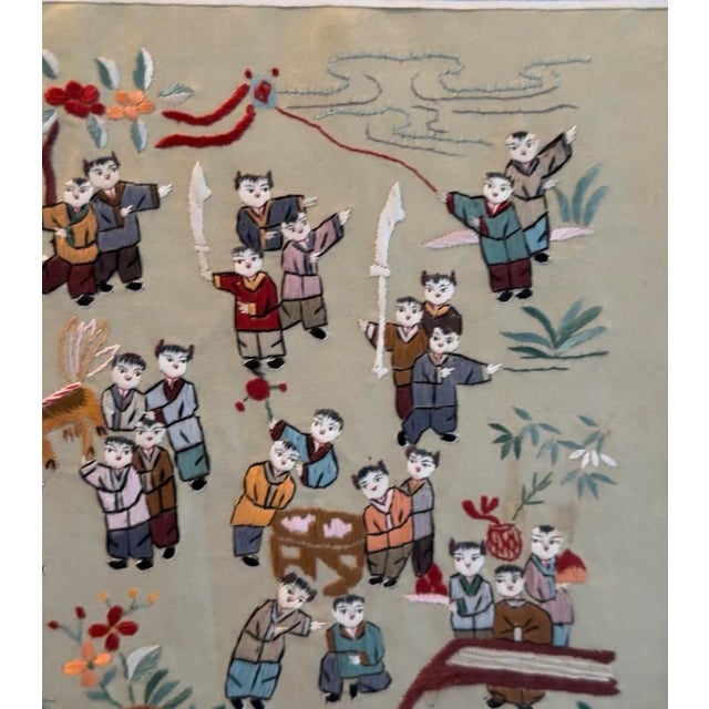 Textile Mid-20th Century Chinese Hand-Embroidered Silk Panel – "Hundred Children" Motif For Sale - Image 7 of 7