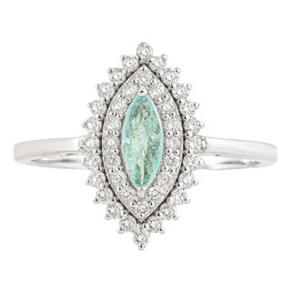 18k Gold Marquise Cut Paraiba Tourmaline Ring With Double Halo Diamonds Size 4 For Sale