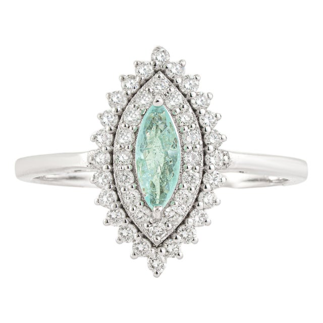 18k Gold Marquise Cut Paraiba Tourmaline Ring With Double Halo Diamonds Size 4 For Sale