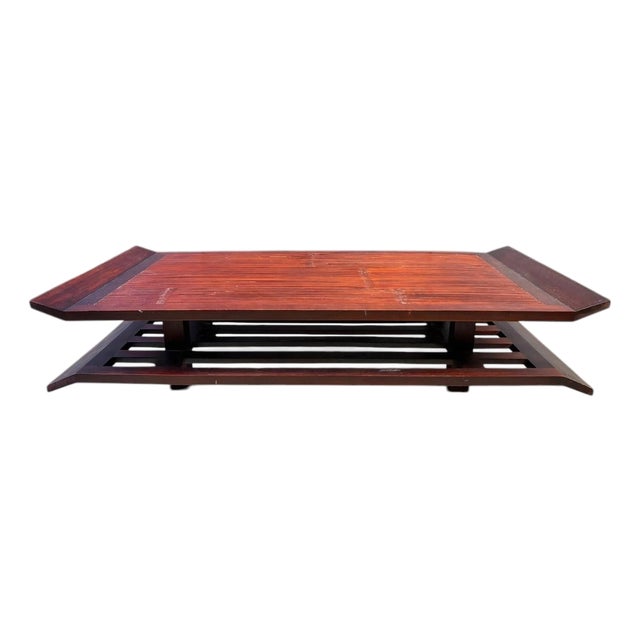 Two-Tiered Pagoda Wabi Sabi Coffee Table in Wood and Bamboo, 1970s For Sale