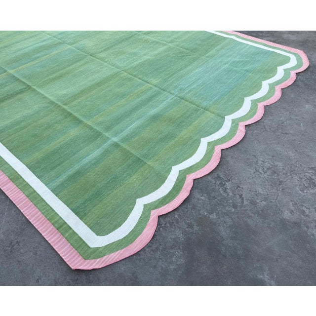Handwoven Cotton Area Rug Vegetable Dyed Forest Green and Pink Border Scalloped Dhurrie - 10'x14' For Sale - Image 6 of 10