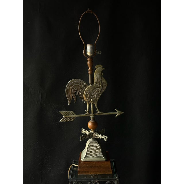 American Vintage Brass Rooster Weathervane Table Lamp With Wood Accents For Sale - Image 3 of 3