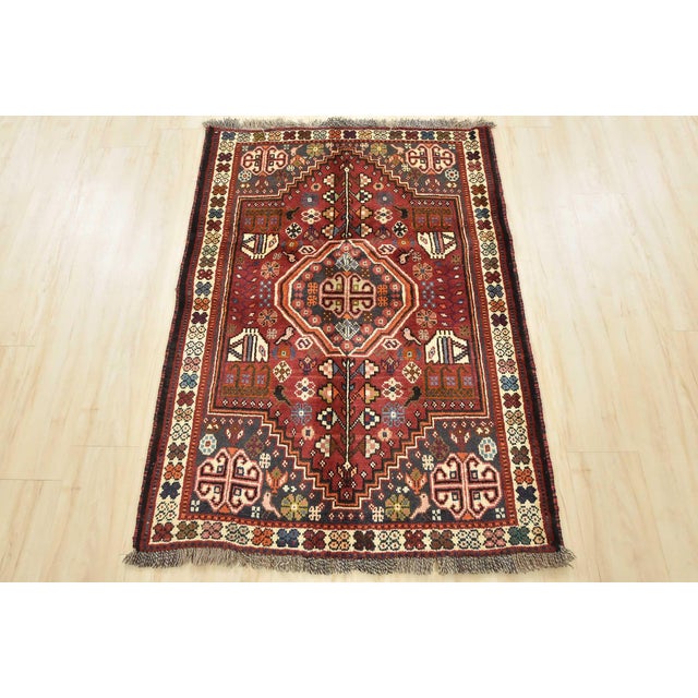 Cabin Shiraz Rug 3'5'' X 4'10'' Red Wool Vintage Tribal Hand-Knotted Oriental Carpet For Sale - Image 3 of 12