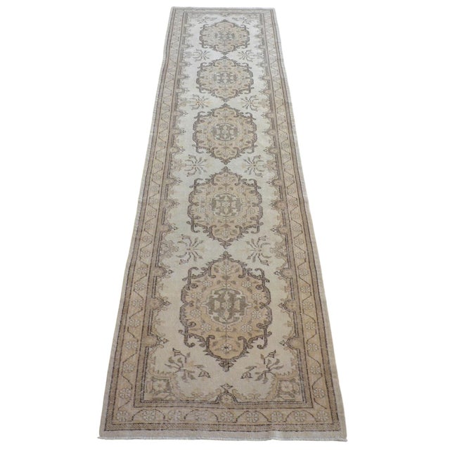 1960s Traditional Oushak Runner Rug Faded Colors Low Pile Distressed Long Runner Rug - 2'9″ X 12'7″ For Sale - Image 5 of 12