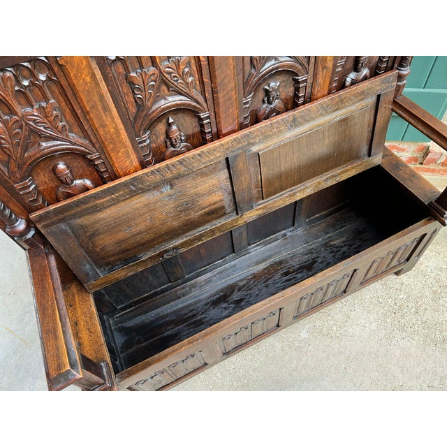 Antique English Gothic Hall Bench Carved Oak Medieval Knights Settle C1880 For Sale - Image 11 of 18