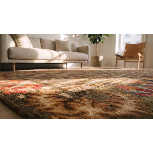 Pretty Sienna-Brown Background With Detail of Folk Art Styles in a Strie Pattern Antique American Hooked Rug For Sale - Image 13 of 13