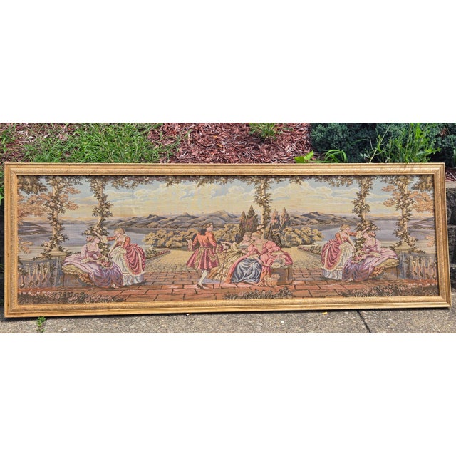 Large Vintage Framed European Hand Crafted Rococo-Style Needlepoint Tapestry Wall Hanging – Romantic Garden Scene For Sale - Image 9 of 18