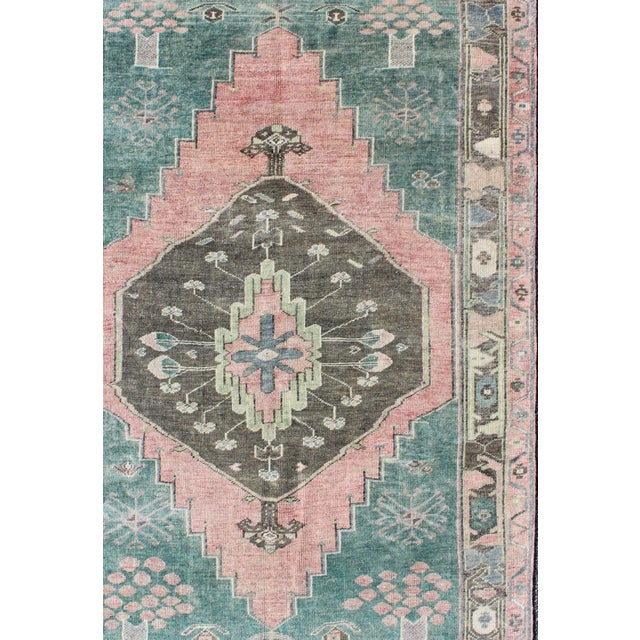 Oushak rug vintage from Turkey with medallion and geometric design in teal and salmon, Keivan Woven Arts, rug#EN-165217,...