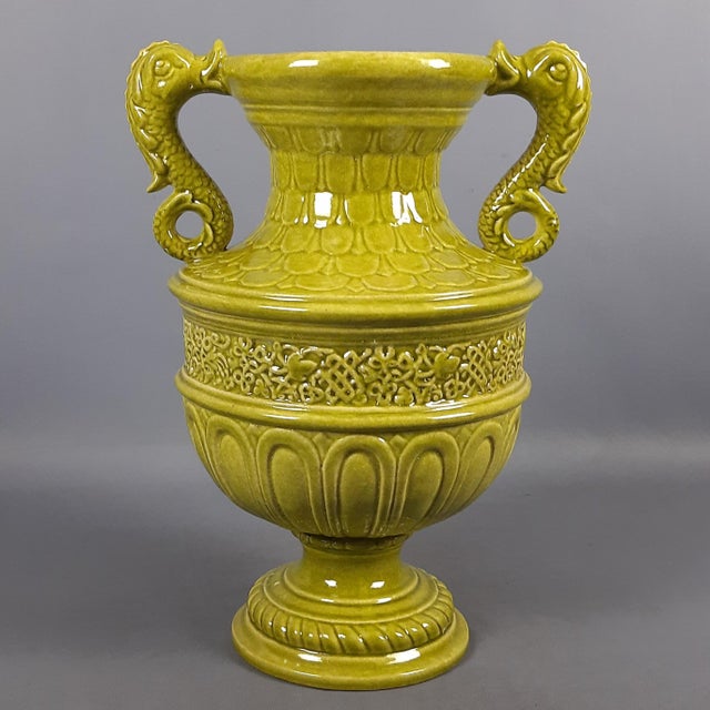 Green Majolica Vase with Dolphin Handles by C.B. Robbia Gualdo Tadino, 1960s For Sale - Image 3 of 15
