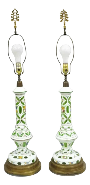 Antique Bohemian Green & White Cased Glass Column Table Lamps - A Pair