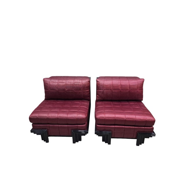 Burgundy Late 20th Century Postmodern Lounge Chairs With Stepped Black Lacquer Bases by Interior Crafts For Sale - Image 8 of 11