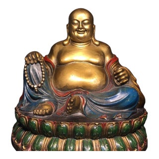 Vintage Gilt & Painted Brass Laughing Buddha Maitreya Statue on Double Lotus Base For Sale