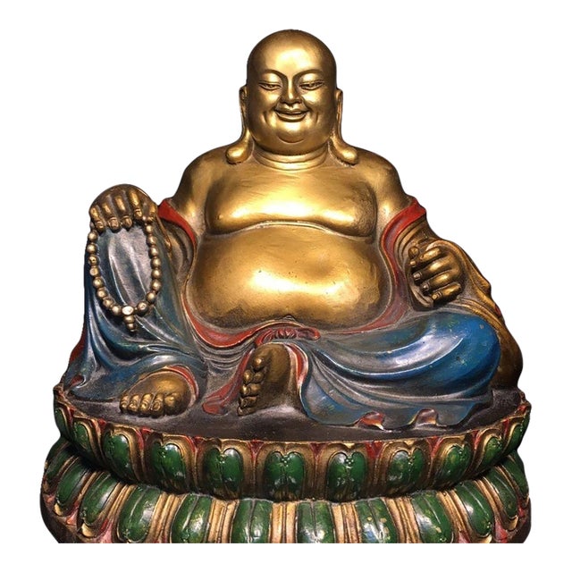 Vintage Gilt & Painted Brass Laughing Buddha Maitreya Statue on Double Lotus Base For Sale
