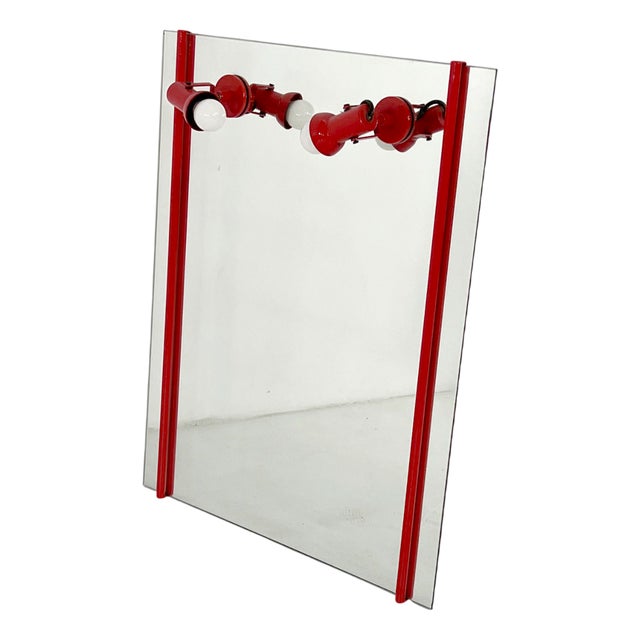 Red Vanity Mirror in Metal with Adjustable Lamps, 1970s For Sale