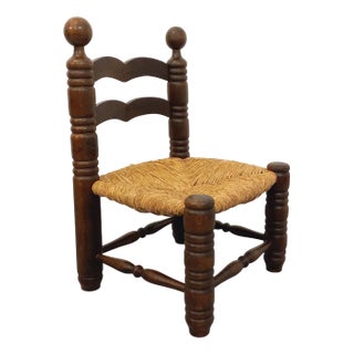 Vintage Brutalist Low Chair in Wood and Straw by Charles Dudouyt, 1940s For Sale