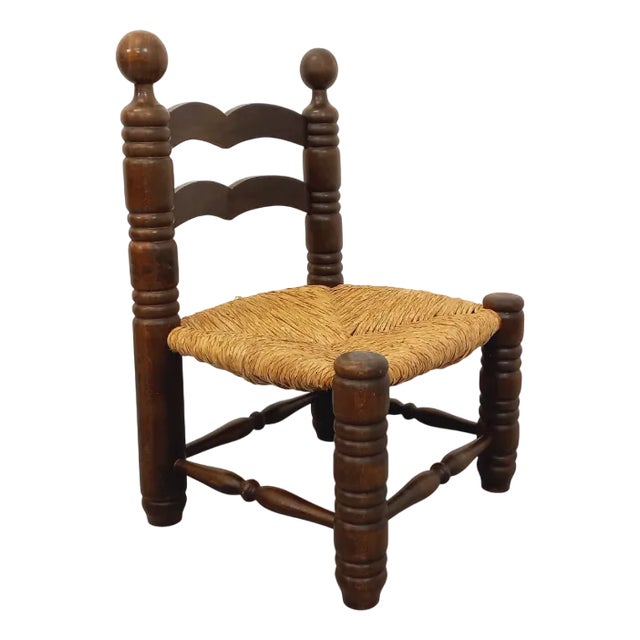 Vintage Brutalist Low Chair in Wood and Straw by Charles Dudouyt, 1940s For Sale