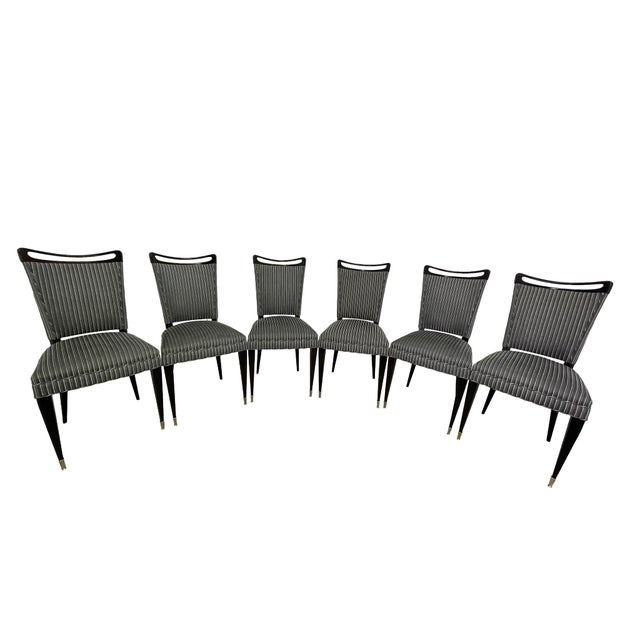 Set of 6 French Mid-Century Ebonized Dining Chairs With Brass Sabots & Striped Upholstery For Sale - Image 4 of 13