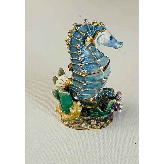 Coastal 1970s Gorgeous Enamelled Brass With Swarovski Crystals Seahorse Figurine Box For Sale - Image 3 of 7