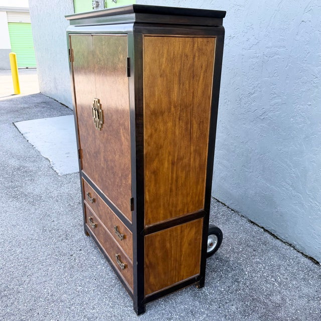 Century Furniture Vintage Chinoiserie Burlwood and Black Armoire With Brass Accents by Century Furniture For Sale - Image 4 of 12