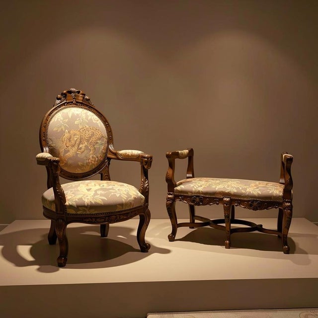 Late 20th Century Ornate French Transitional Style Carved Ram's Head Armchair in Leopard Tapestry For Sale - Image 12 of 13