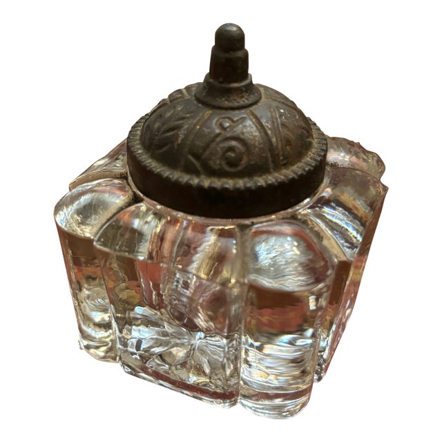 Early 20th Century Glass Inkwell Cast Metal Top For Sale