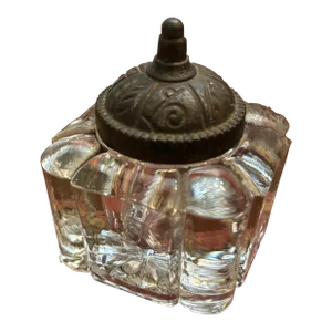 Early 20th Century Glass Inkwell Cast Metal Top