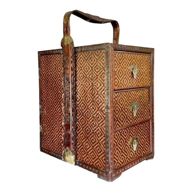 Vintage Boho Woven Rattan Wedding Chest For Sale