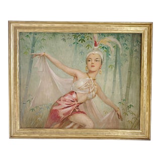 1950's Showgirl Portrait Painting, Vintage Showgirl Art For Sale