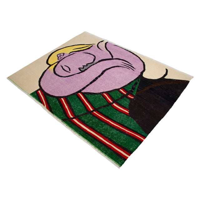 Pablo Picasso - Woman With Yellow Hair - Inspired Hand Woven Area Rug - Wall Rug , Wool 3′9″ × 5′ For Sale - Image 11 of 18