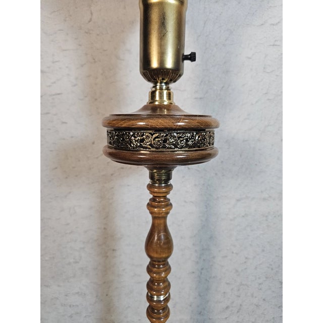 1990s Vintage MCM Torchiere Style Wooden & Brass Floor Lamp Milk Glass Shade For Sale - Image 5 of 10