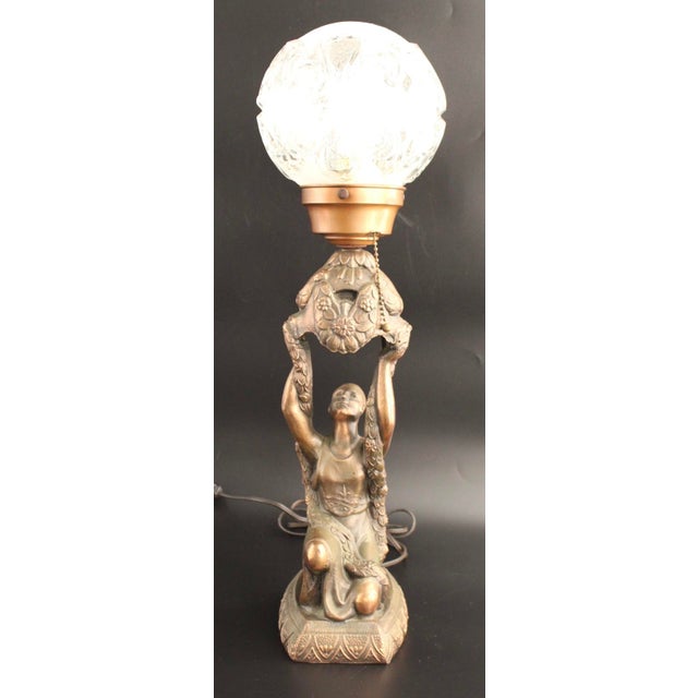 Vintage 1920's Art Deco Joan of Arc Table Lamp by La Belle Specialty Co. Heavy spelter base with bronze finish and glass...