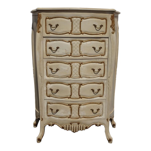 Vintage Tallboy Dresser French Country Off White With Gold Trim Chest of Drawers For Sale