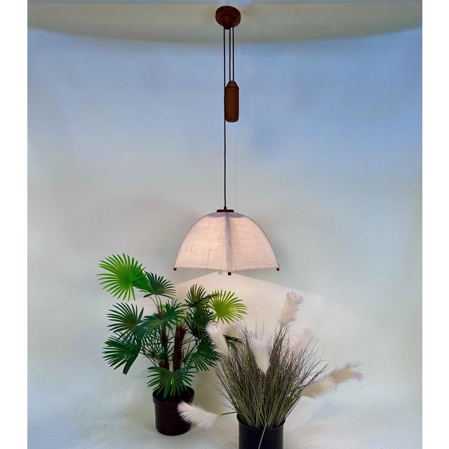 Beige Postmodern Height-Adjustable Umbrella Hanging Lamp in Teak from Domus, 1980s For Sale - Image 8 of 18