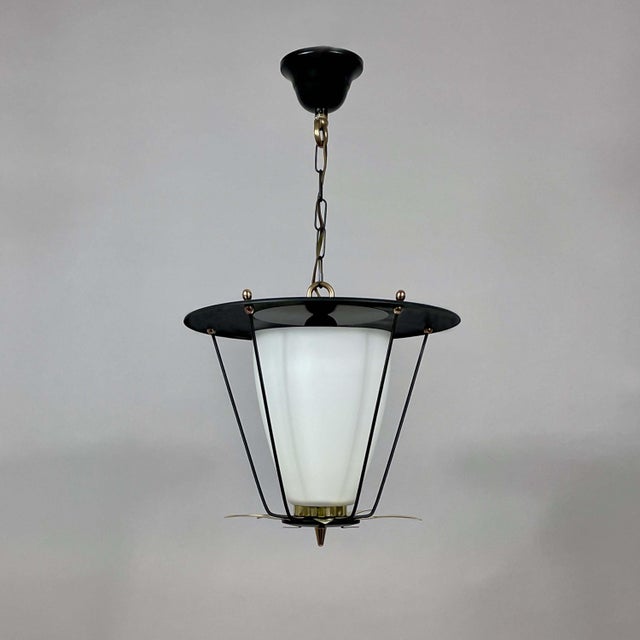 Black Metal and White Opaline Lantern with Brass, France, 1950s For Sale - Image 14 of 18