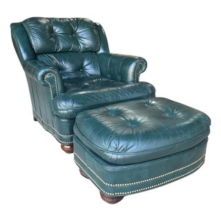 Vintage Thomas-Bain Leather Club Chair & Ottoman Set in Peacock Teal Green | Tufted Traditional Lounge Seating For Sale