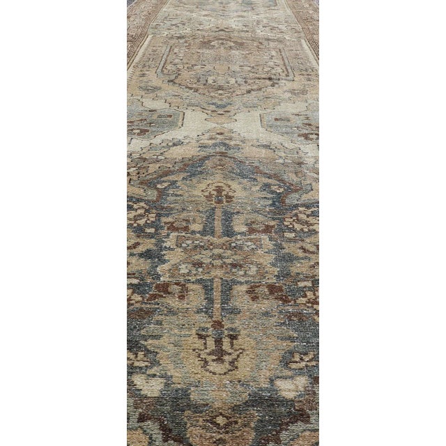Traditional Early 20th Century Antique Persian Malayer Runner With Geometric Medallion Design in Blue and Tan For Sale - Image 3 of 11
