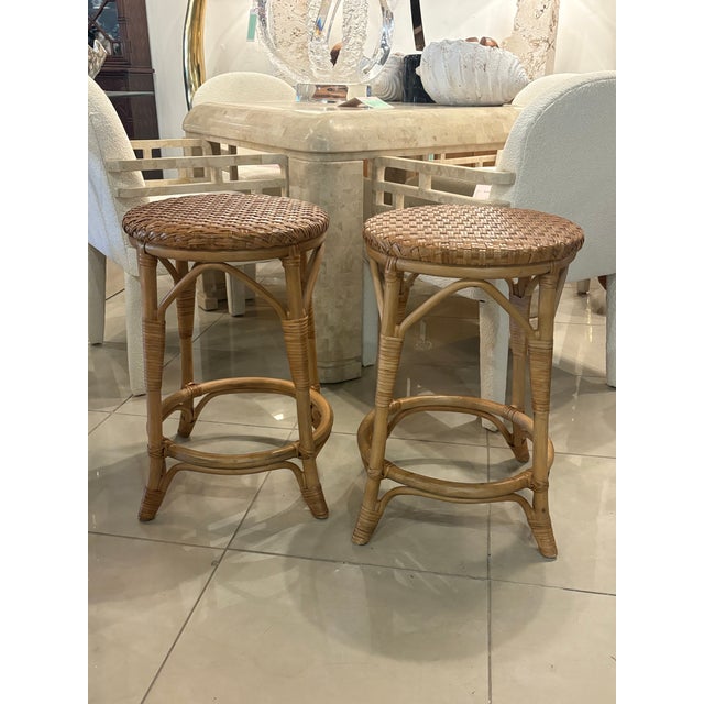 1990s Vintage Pair Palm Beach Coastal Rattan Woven Stools Benches For Sale - Image 5 of 9