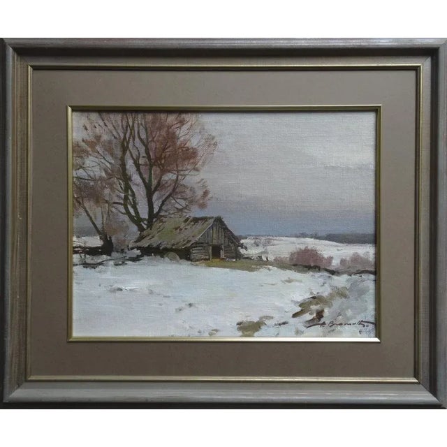 Alfejs Bromults, Winter in the Village, Oil on Canvas and Cardboard For Sale - Image 4 of 4