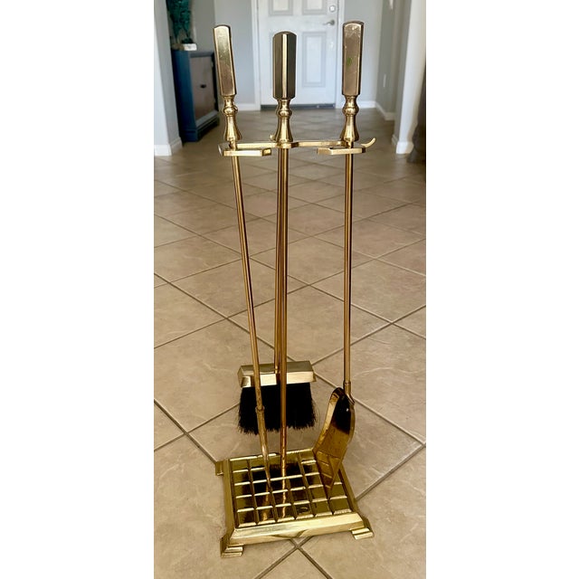 Traditional Set Modernist Brass Fireplace Tool Set For Sale - Image 3 of 16