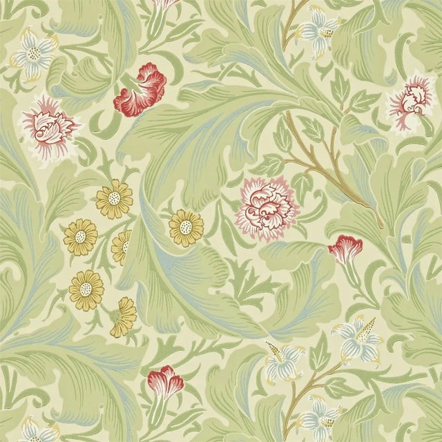 Morris & Co Leicester Wallpaper in Green/Coral - a Sample For Sale