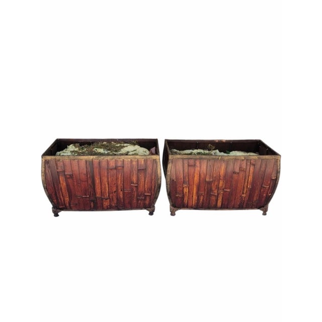 Wood 1990s Massive Bamboo Metal Elongated Coastal Regency Planters Troughs-a Pair For Sale - Image 7 of 9