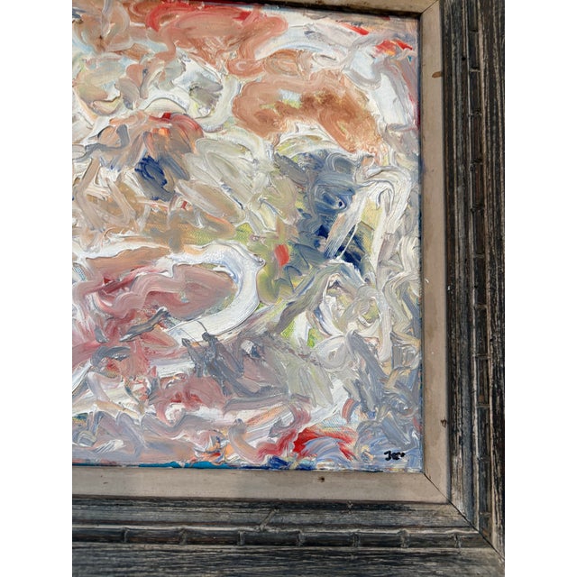 Matthew Izzo Abstract oil painting featuring heavily textured brushstrokes in soft white, pink, and blue tones, housed in...