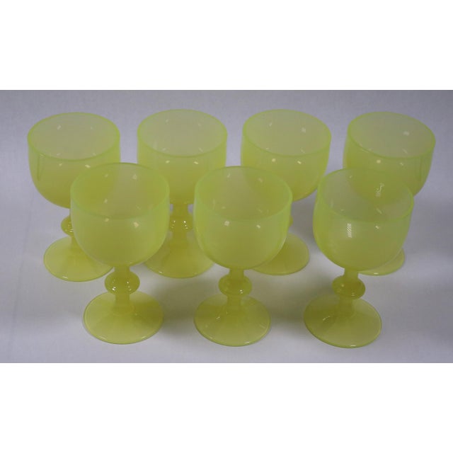 French 1930s Rare French Yellow Opaline Wine Glasses Attributed to Portieux Vallerysthal - Set of 7 For Sale - Image 3 of 12